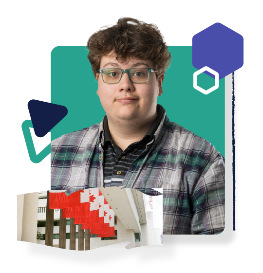 Teal graphics are behind a photo of an ampere staff. He is smiling.